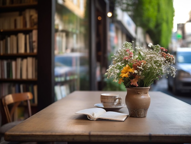 A book on a table with a vase of flowers on it