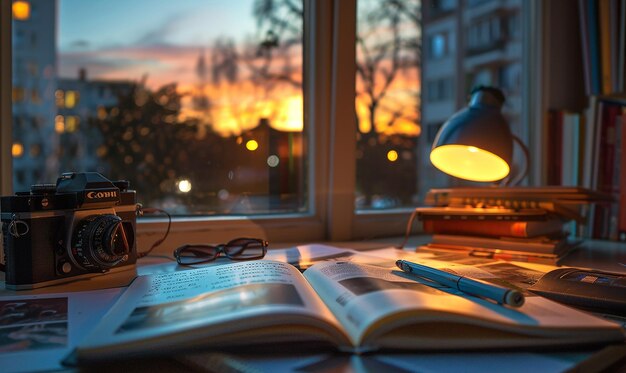 Photo a book that has a lamp on it and a book on the table