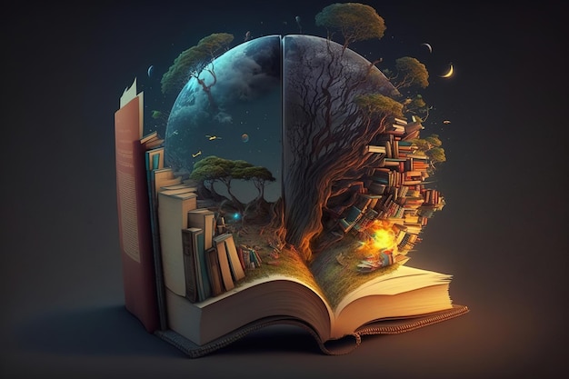 A book that has a picture of a tree and a book with the word world on it