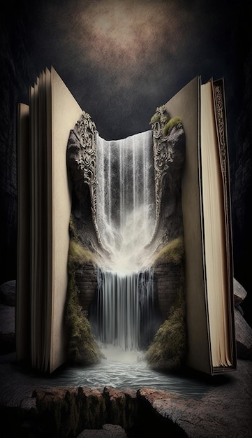 A book that has a waterfall on it