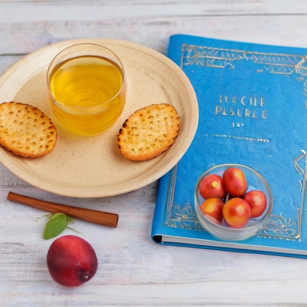 Photo a book titled quot recycle de cranqueur de cranche quot sits on a table next to a bowl of cherries