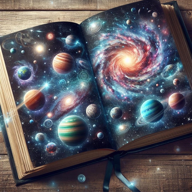 Book of the universe opened magic book with planets and galaxies