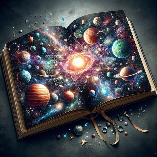 Book of the universe opened magic book with planets and galaxies