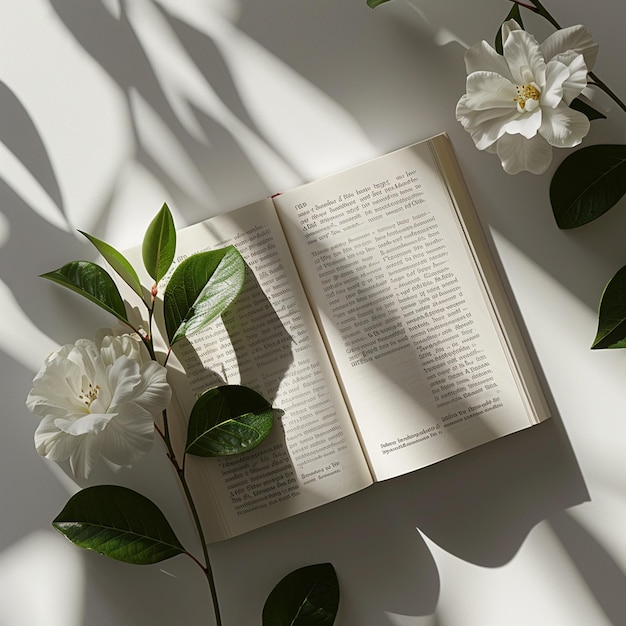 Photo book and white flowers mockup in calming background