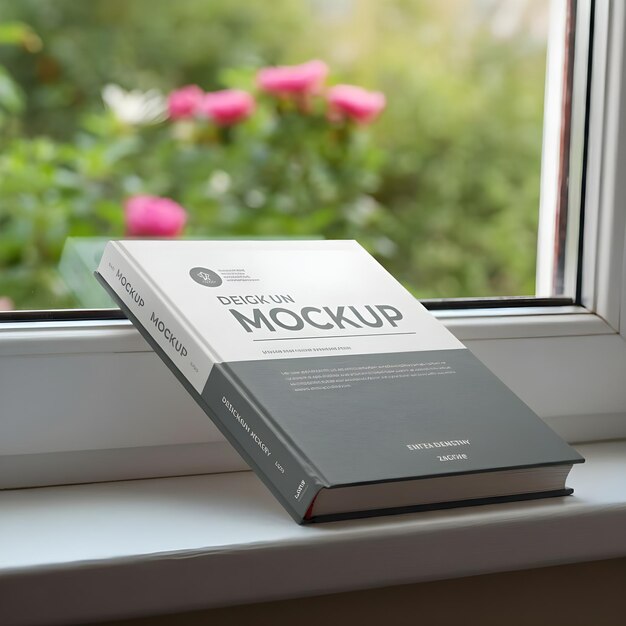 Photo a book on a window sill with a red flower in the background