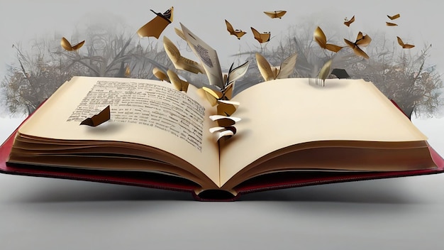 a book with a bird flying in the sky and a tree branch in the background