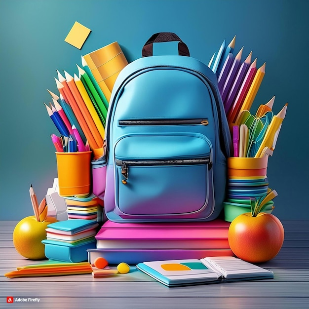 a book with a blue backpack and pencils on the table