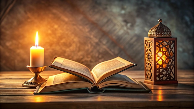 a book with a candle next to it and a candle on a table