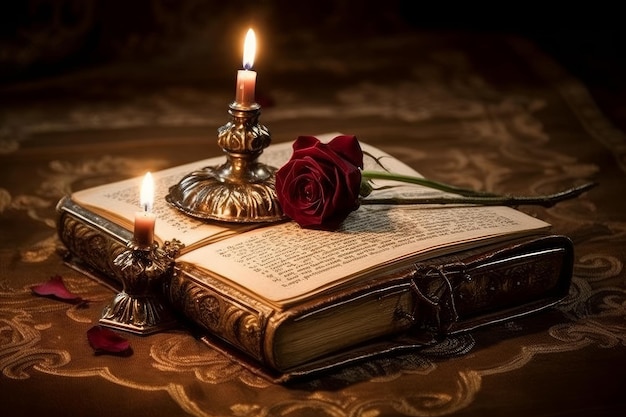 A book with a candle and a red rose on it