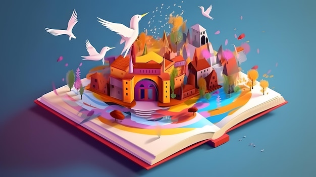 A book with a castle on it and a bunch of birds flying around it.