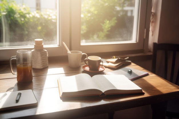 Book with coffee near window Generate Ai