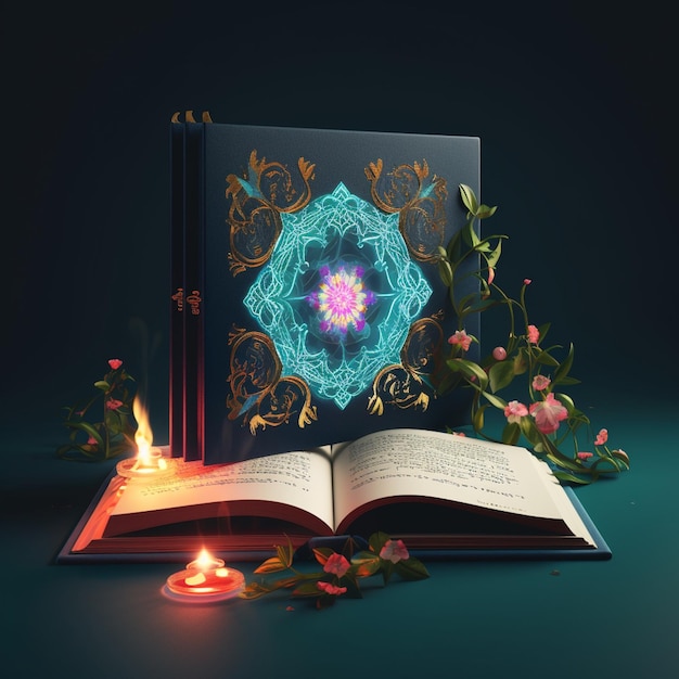 A book with a flower on the cover is open to a candle.