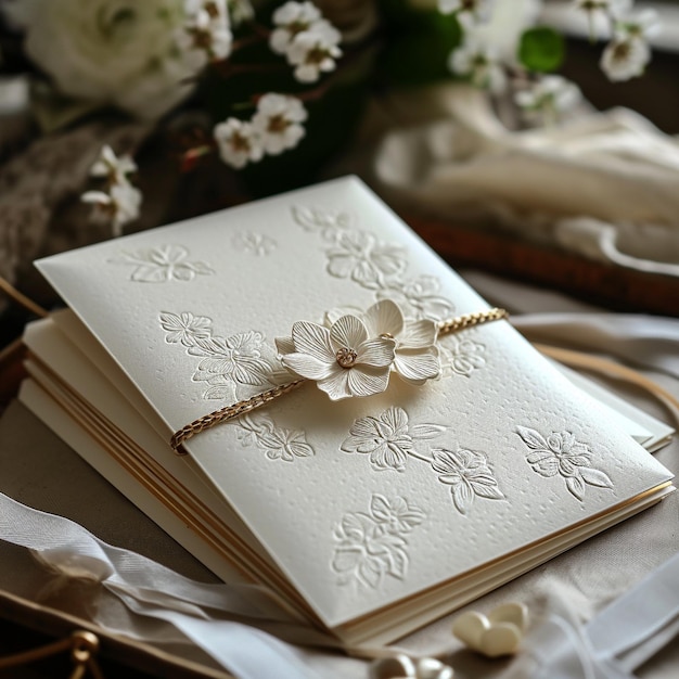 a book with a flower on it sits on a table with a flower on it