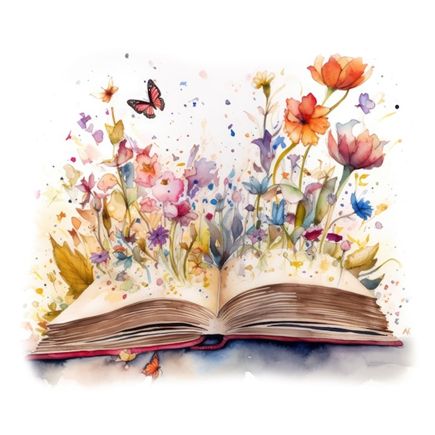 A book with flowers on the pages. watercolor illustration.