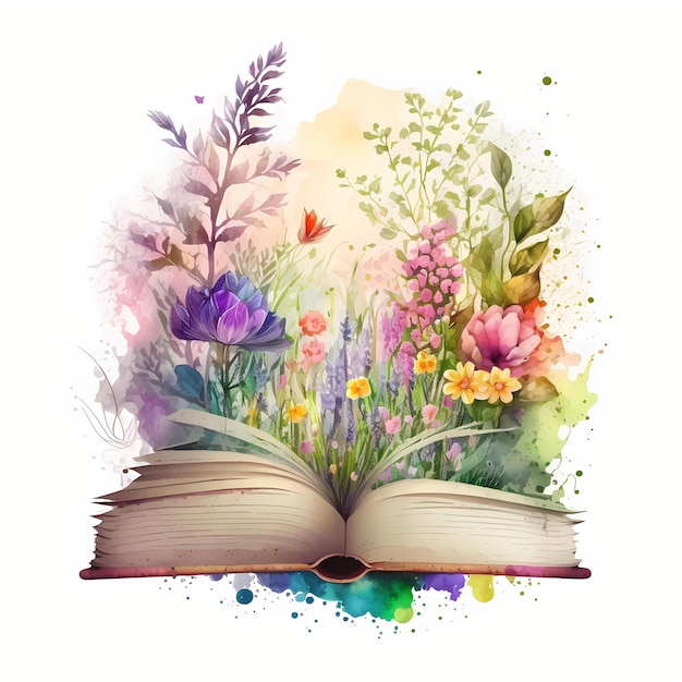 Book with flowers watercolor clipart