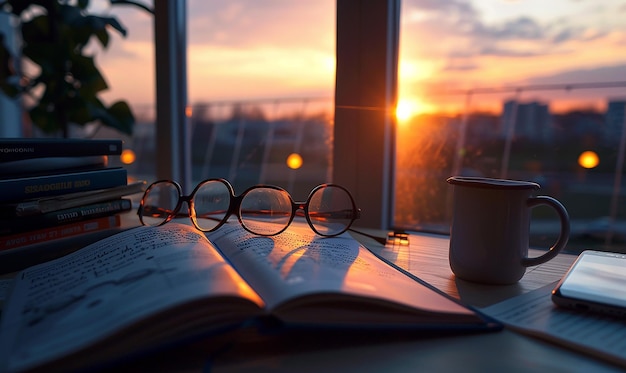 a book with glasses and a book on the table with the sun setting behind them