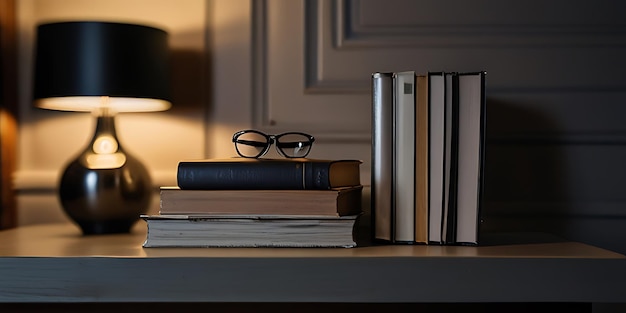 a book with glasses on top of it and a book on the table