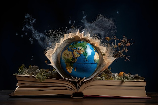 A book with a globe in the middle of it with smoke coming out of it