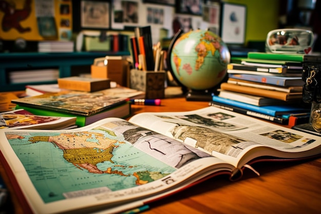 Photo a book with a globe on the top of it is open to a globe on a table