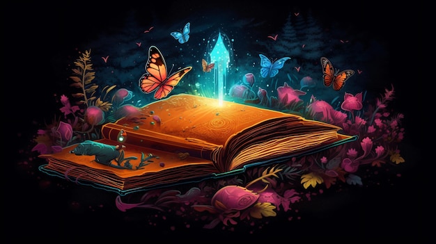 A book with a glowing light on it and a butterfly on the cover.