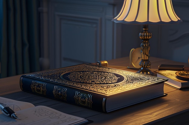 a book with a gold cover sits on a table next to a lamp