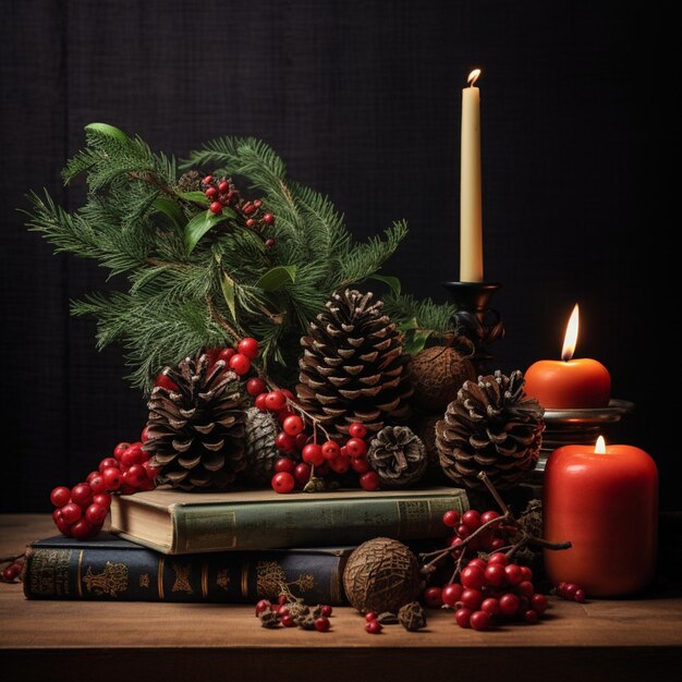 Photo a book with a green book and a stack of pine cones and a book with a pine cone on top