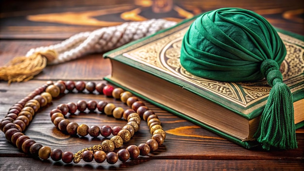 a book with a green cover and beads on it