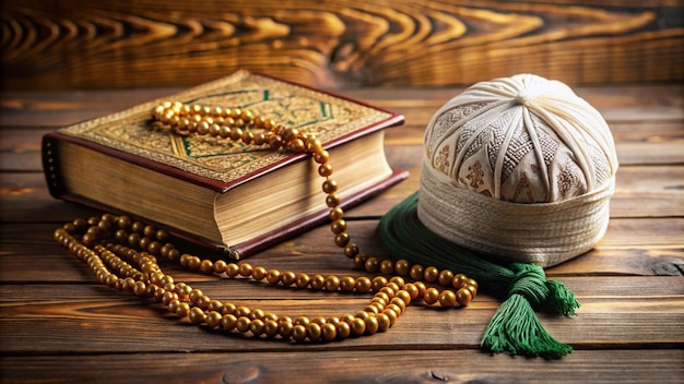 Photo a book with a green scarf and a string of beads on it