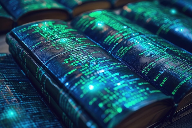 A book with pages illuminated by green lights in a captivating closeup shot A series of books with each page representing a block in blockchain AI Generated