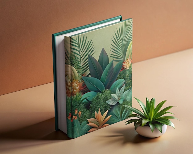 Photo a book with a palm tree on the cover and a plant on the side