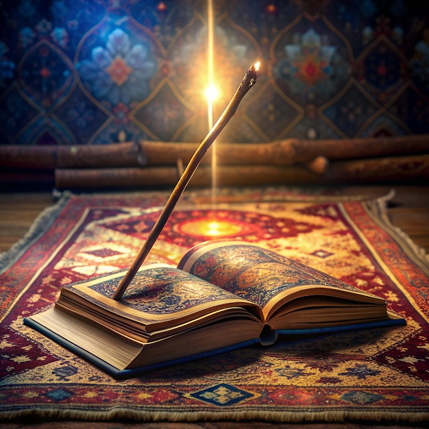 a book with a pencil is open and a book with a lit candle in the middle