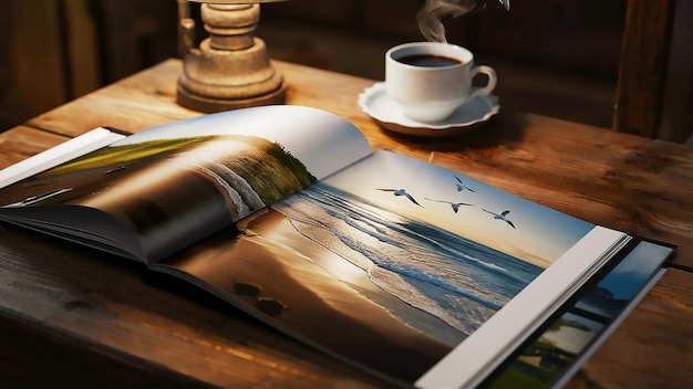 a book with a picture of birds on it and a picture of a coffee cup on the table