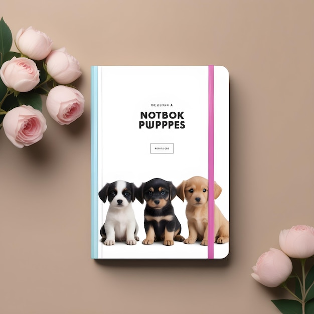 a book with a picture of dogs on it and a pink flower in the background