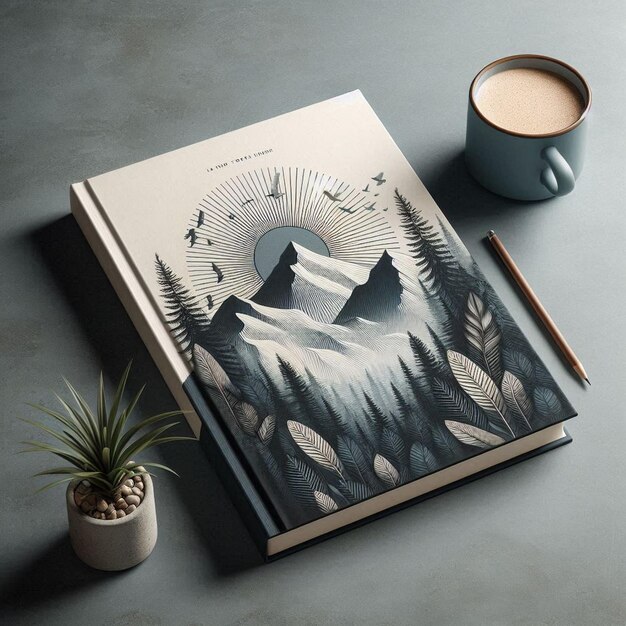 Photo a book with a picture of a mountain and a cup of coffee