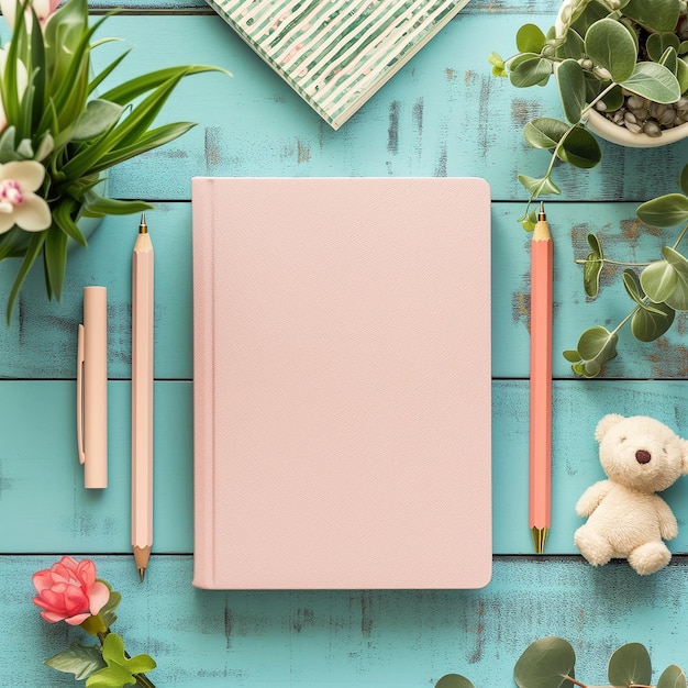 Photo a book with a pink cover sits on a blue wooden table with flowers and a teddy beara book with a pink