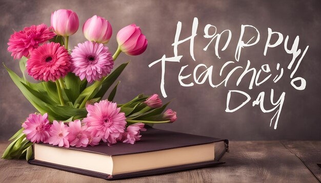 a book with pink tulips and a book with the words  happy day  on it