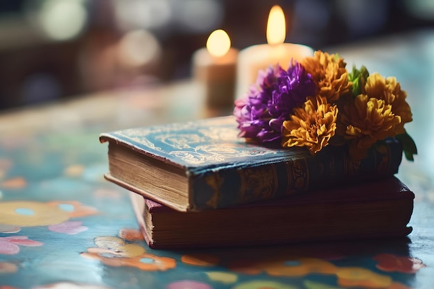 a book with a purple flower on the top of it