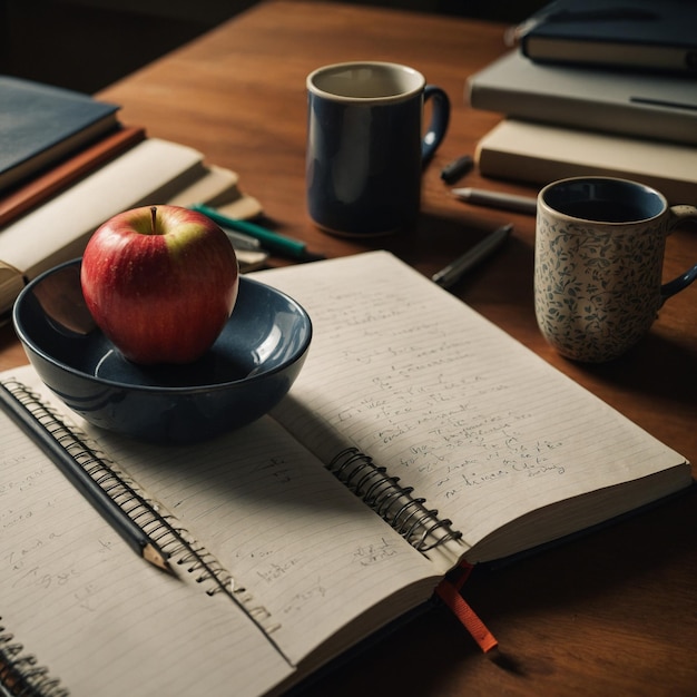 a book with a red apple on top of it and a cup of coffee