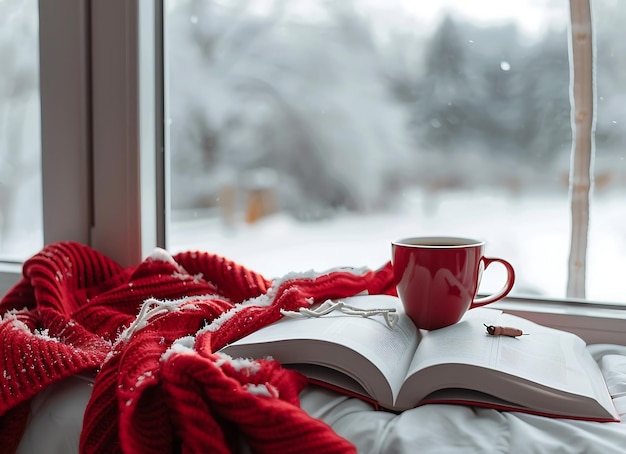 a book with a red cover and a cup of coffee on a window sill