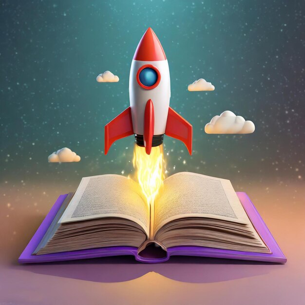 Photo a book with a rocket flying over it and a book about a rocket flying out of it