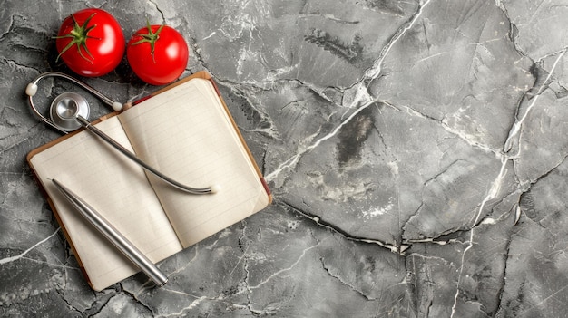 Photo a book with a spoon and two tomatoes on top of it