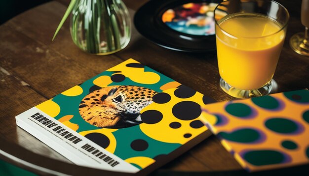 Photo a book with a tiger on it is on a table next to a yellow glass