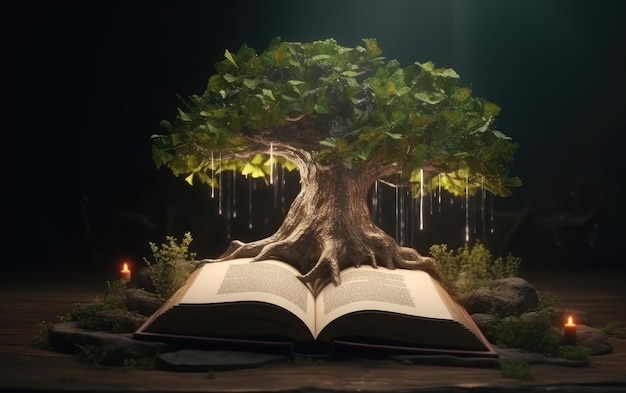 A book with a tree growing out of it