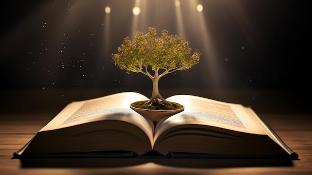 A book with a tree growing out of it