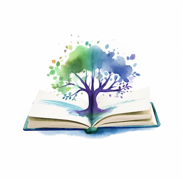 A book with a tree on it that is colored with watercolors.