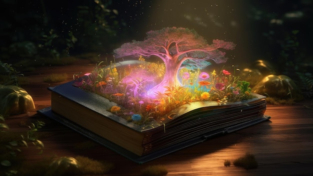 A book with a tree on it that is open to a magical world.