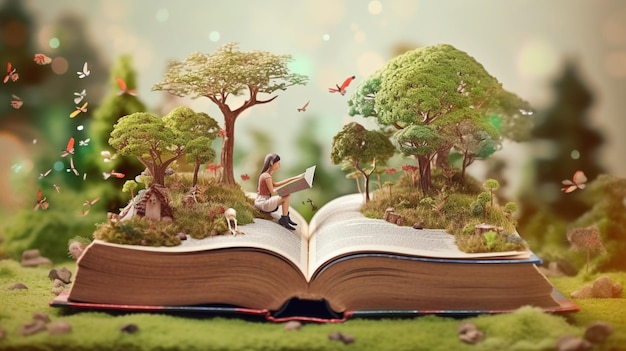 A book with a woman reading a book with trees and birds around it.