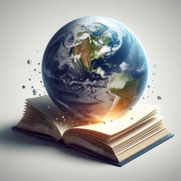 a book with a world map on the top of it and the earth on the page