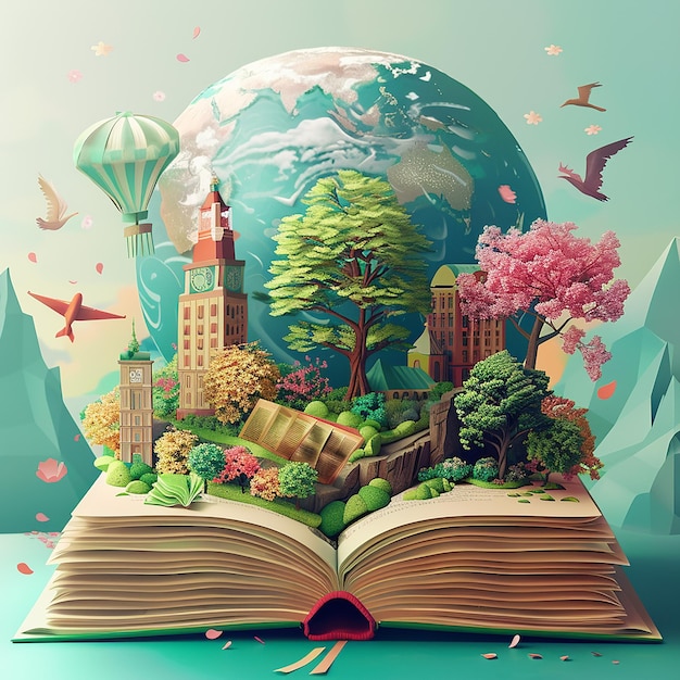 a book with a world map and a world in the background