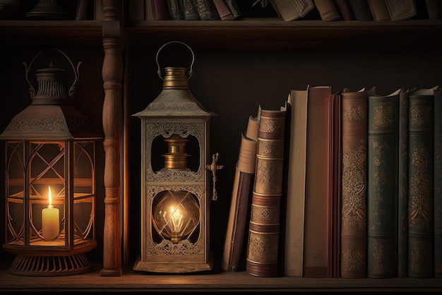 Bookcase filled with vintage books and oldfashioned lanterns created with generative ai